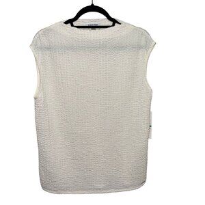 Calvin Klein White Cream Crinkle High Boat Neck Line Sleeveless Top Sz L NWT